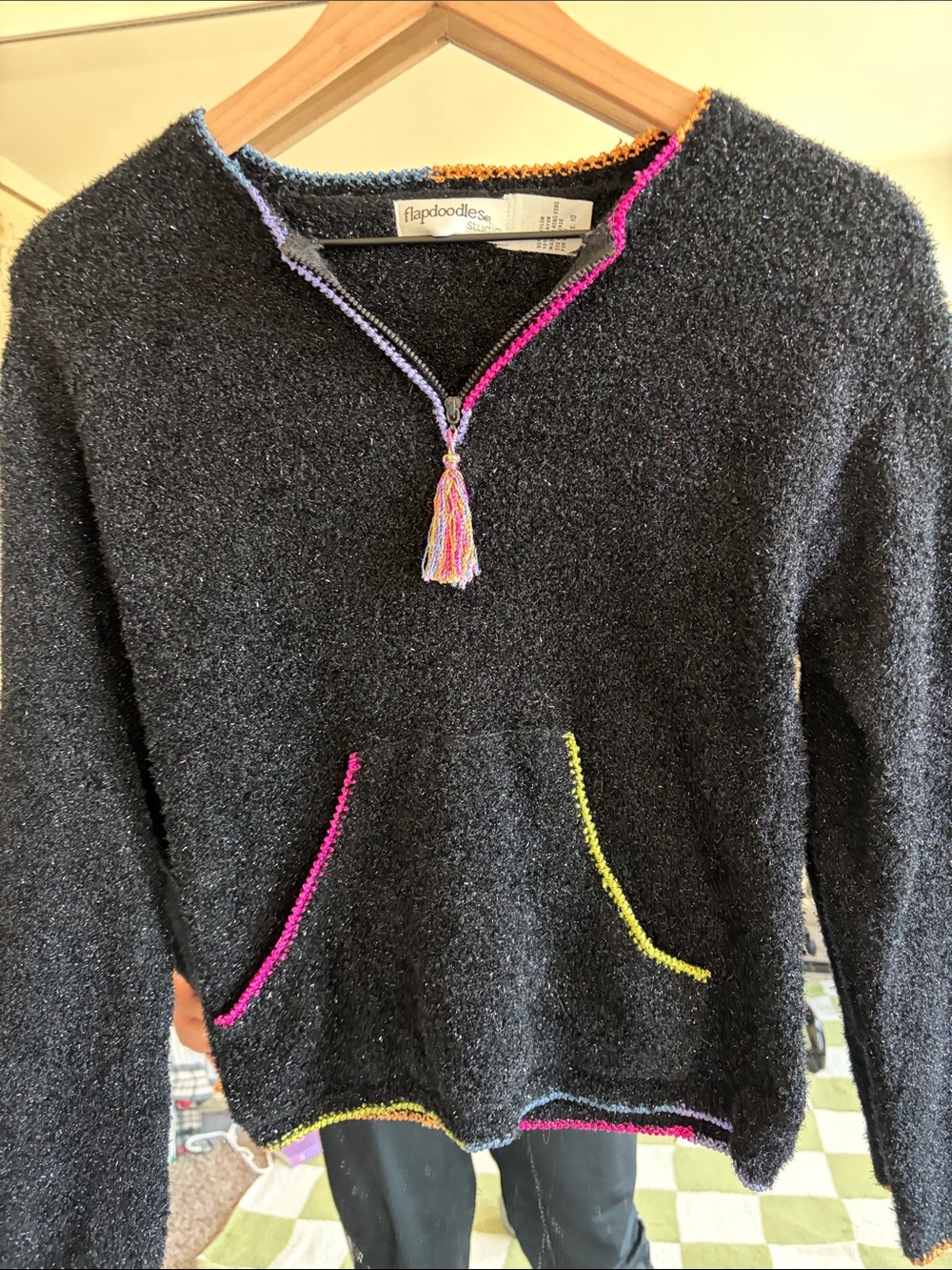 Flapdoodles Kids Black Pullover Sweater with Pink, Yellow & Blue Trim Tassel 10 - Picture 3 of 5